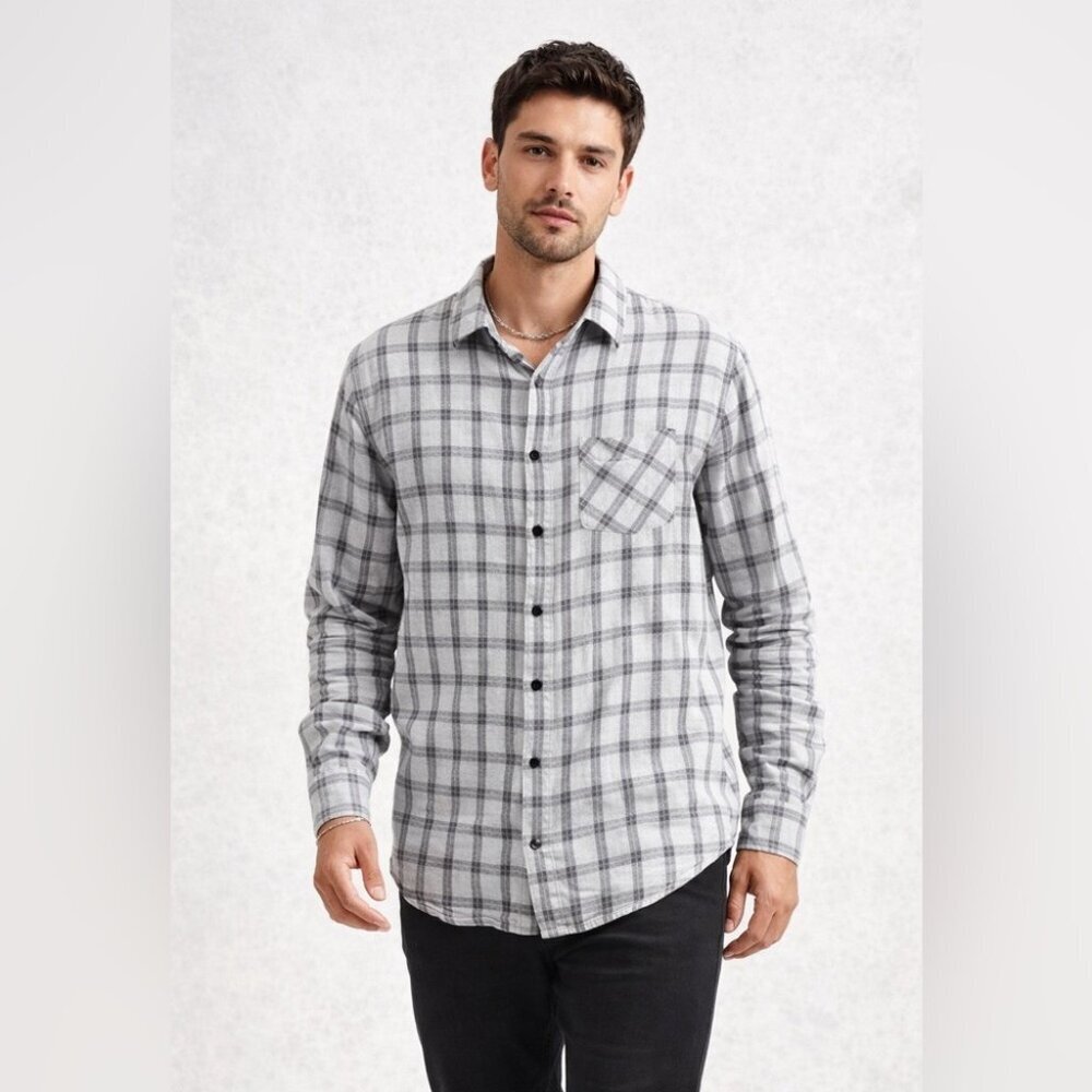 Rag & Bone Gray Plaid Button Down Shirt Men’s Large Classic Fit Cotton Casual